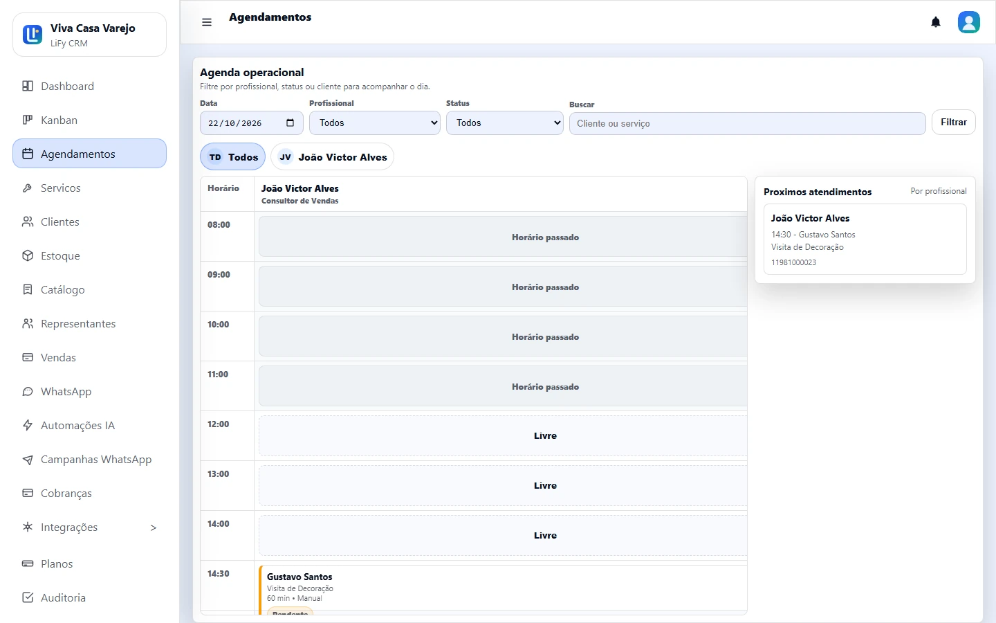 Tela real da agenda operacional da LiFy CRM, com horários e atendimentos demonstrativos